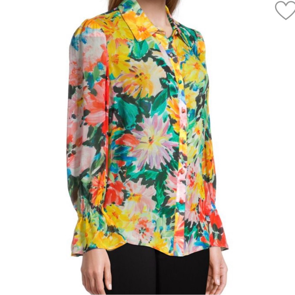 Nwot Milly Watercolor Garden Silk Chiffon Floral Button Down Point Collar Top P